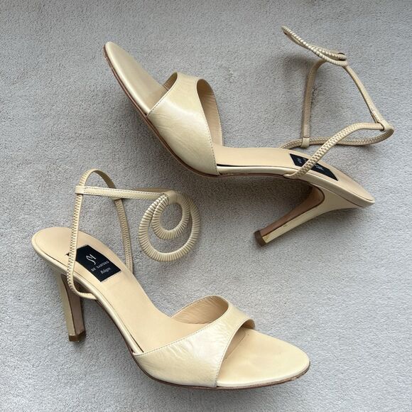 Di Sandro Bologna Neutral Tan Heeled Sandal EU 37.5 US 7-7.5 Italian Double Ring - Picture 1 of 16